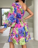 Bohemian Print One-shoulder Long Sleeve Dress