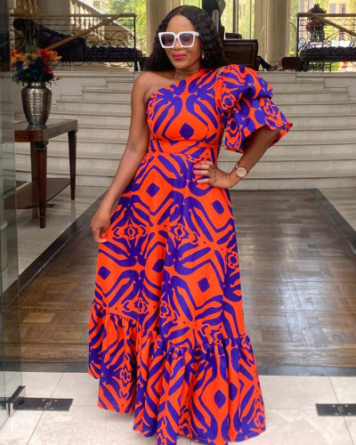 Women print one shoulder long maxi dress