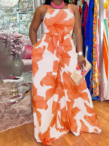 Casual Plus Size Printed Sleeveless Jumpsuit
