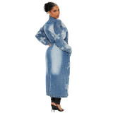 Autumn and winter women's embroidered long denim coat