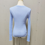 Women's long-sleeved round neck see-through hollow out ribbed knitted pullover