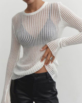 Women's long-sleeved round neck see-through hollow out ribbed knitted pullover