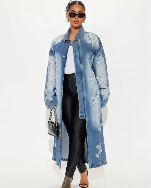 Autumn and winter women's embroidered long denim coat