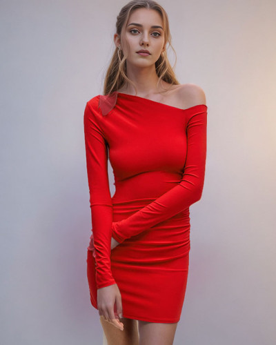 Autumn women's solid color oblique collar pleated sexy red dress