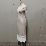 Elegant women's long sleeve V-neck mid-length knitted pleated dress