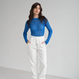 Women's long-sleeved round neck see-through hollow out ribbed knitted pullover