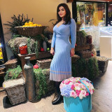 Elegant women's long sleeve V-neck mid-length knitted pleated dress