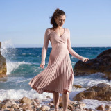 Elegant women's long sleeve V-neck mid-length knitted pleated dress