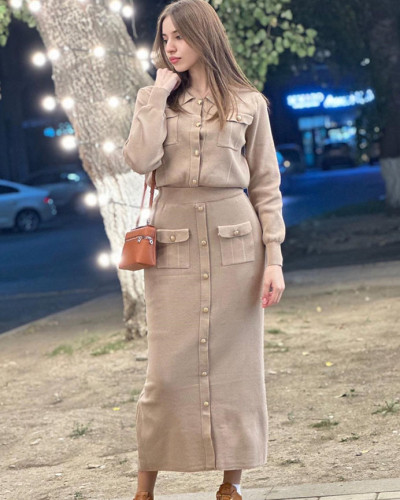 Women's slim fit lapel sweater skirt two piece suit