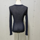 Women's long-sleeved round neck see-through hollow out ribbed knitted pullover