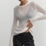 Women's long-sleeved round neck see-through hollow out ribbed knitted pullover
