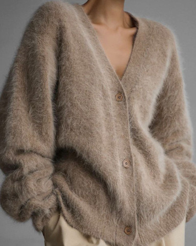 Women's V-neck knitted sweater autumn and winter loose solid color cardigan women's coat