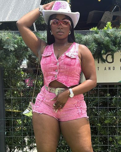Autumn women's solid color denim vest shorts suit