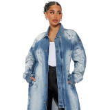 Autumn and winter women's embroidered long denim coat
