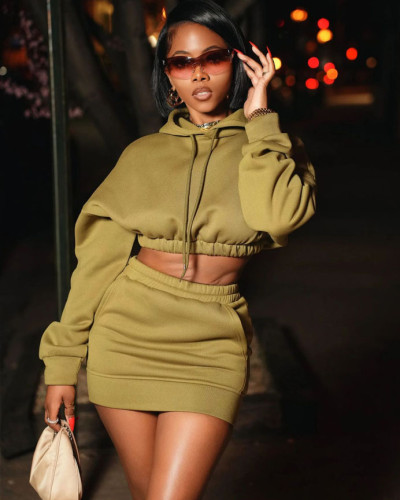 Women's solid color long-sleeved hooded pullover sweatshirt high waist mini skirt sexy casual suit