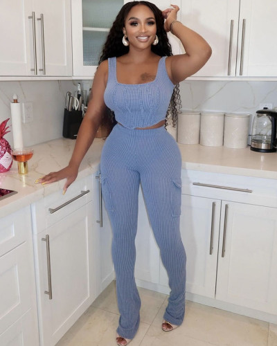 Solid color ribbed slim fit sexy camisole pocket trousers set