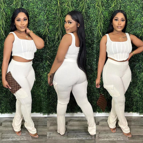 Solid color ribbed slim fit sexy camisole pocket trousers set