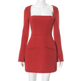 Women's sexy autumn and winter long sleeve elegant slit square neck dress