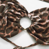 Women's Leopard Print Mesh Long Sleeve Shawl See-Through Sexy Suit