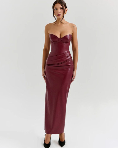 Women's sexy tube tight leather long dress