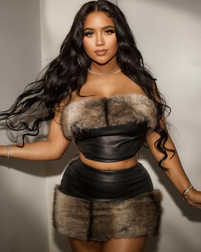 Women's PU leather patchwork fur tube top mini skirt sexy outfit