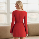 Women's sexy autumn and winter long sleeve elegant slit square neck dress