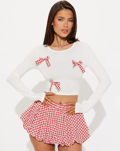 Women's Bow Decorated Top Plaid Flower Bud Skirt Set