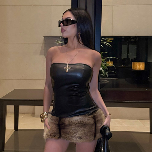 Women's PU leather patchwork fur tube dress