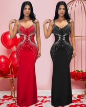 Women's party sexy suspender V-neck long dress slim diamond dress