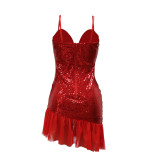 Women's Sequined Dress Ball Evening Dress Ruffled Hem Short Dress