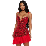 Women's Sequined Dress Ball Evening Dress Ruffled Hem Short Dress