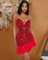 Women's Sequined Dress Ball Evening Dress Ruffled Hem Short Dress
