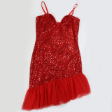 Women's Sequined Dress Ball Evening Dress Ruffled Hem Short Dress