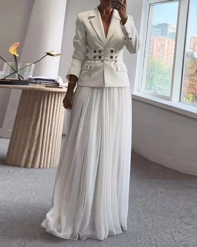 Women suit casual button solid color high waist two piece suit