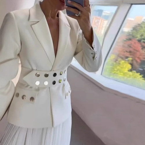 Women suit casual button solid color high waist two piece suit