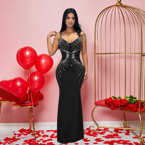 Women's party sexy suspender V-neck long dress slim diamond dress