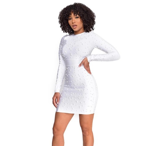 Women's Winter Solid Color Beaded Long Sleeve Bodycon Dress