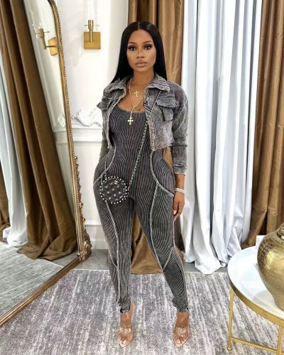 Women's Casual Distressed Jumpsuit Two Piece Set