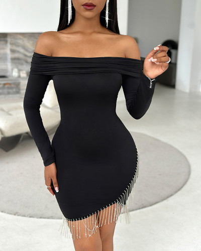 Women's black off shoulder tassel dress