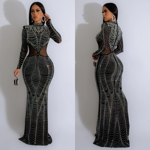Women's solid color mesh rhinestone long evening dress