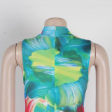Women sexy tight fitting floral print sleeveless jumpsuit