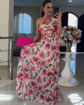 Autumn Elegant Flower One-shoulder Pleated Sexy Elegant Print Tea Dress