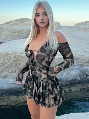 Printed Long Sleeve Sexy Drawstring Halter Neck Fashion Pleated Dress