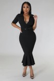 POLO collar high waist elegant ruffle slim fit women's dress