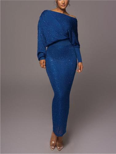 Women's slashi shoulder knitted sexy two-piece skirt set