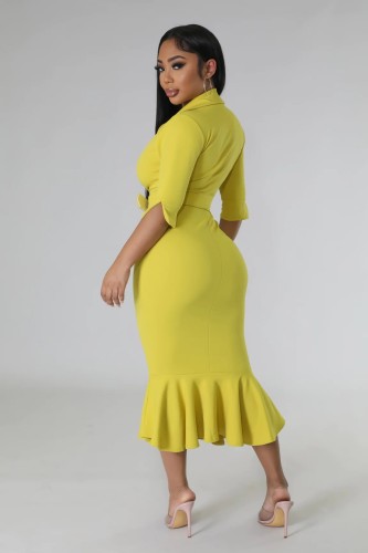 POLO collar high waist elegant ruffle slim fit women's dress
