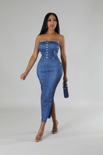 Women high waist slit sexy print tube dress