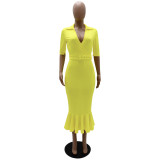 POLO collar high waist elegant ruffle slim fit women's dress