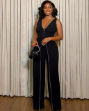 Women formal sleeveless v-neck black jumpsuit