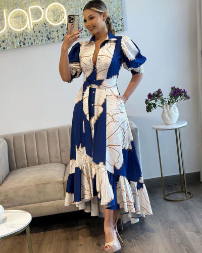 Women irregular high waist printed long dress
